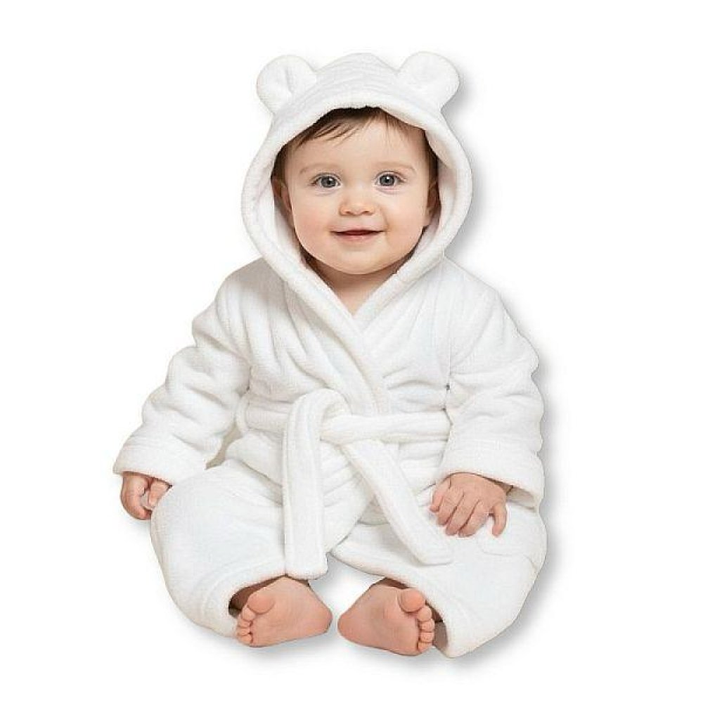 Bis-2020-2345W: Baby Hooded Dressing Gown- WHITE (6-24 Months) Bis-2020-2345W: Baby Hooded Dressing Gown- WHITE (6-24 Months)